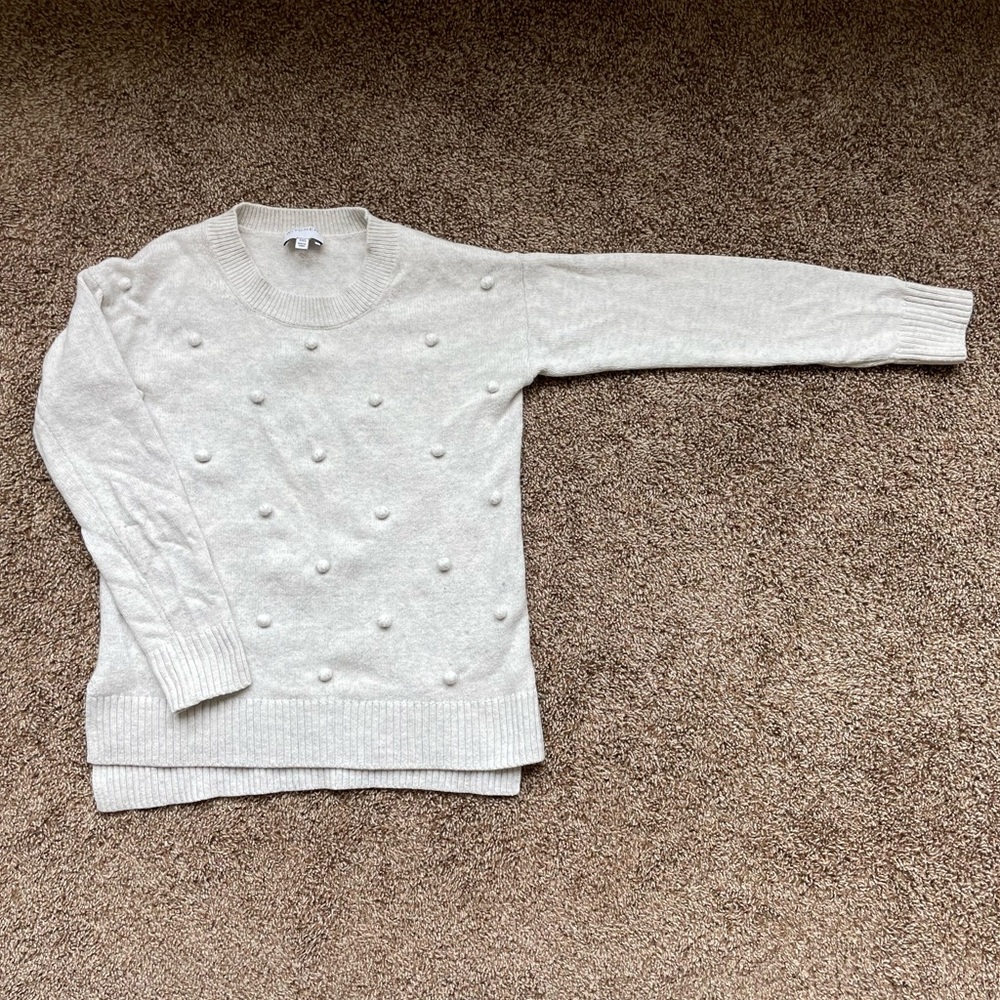 Witchery Silk + Wool + Cotton blend cream sweater with yarn ball details.